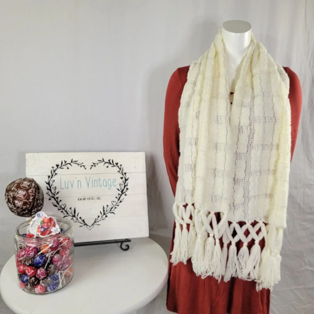 Cream White Textured Knit Scarf with Braided Tassel Fringe‎ Bohemian Wrap